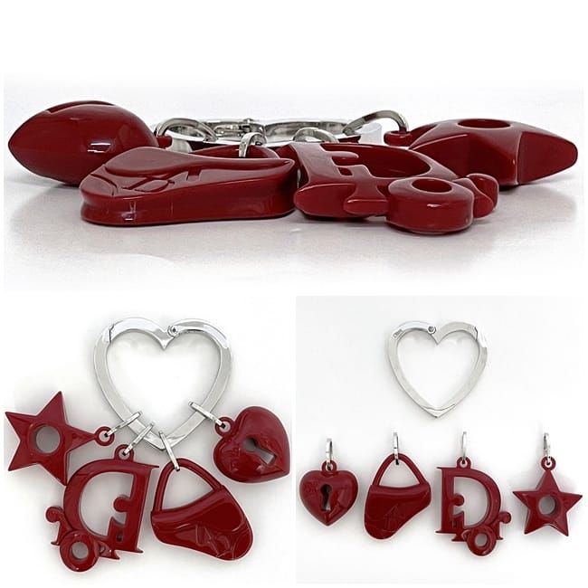 Christian Dior Key Ring Red Silver Excellent Condition Plastic