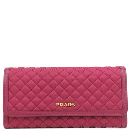 Prada Long Wallet Tessuto Quilted Wallet Nylon Ibisco Gold Hardware Red Fold