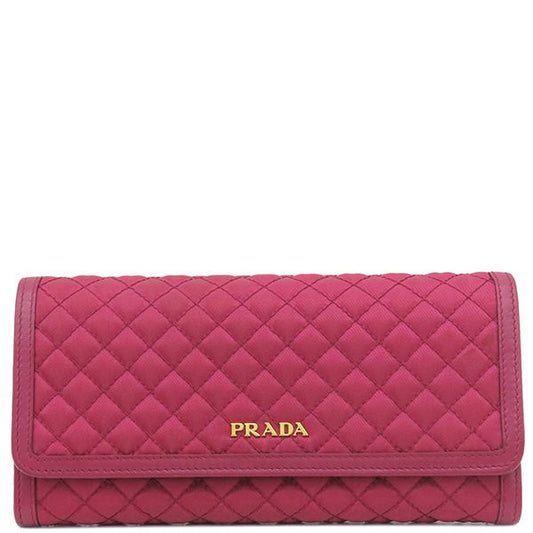Prada Long Wallet Tessuto Quilted Wallet Nylon Ibisco Gold Hardware Red Fold