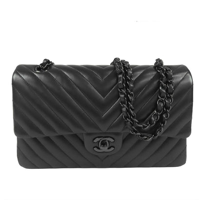 Chanel Chain Shoulder Bag So Black Lambskin Stitch 25 Double Flap