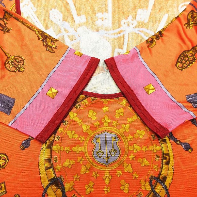Hermes Les Cles Key Pattern Short Sleeve T-Shirt U-Neck Top Women's Orange Size