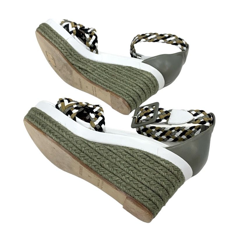 Hermes Sandals Shoes Leather Suede Khaki White Black Braided Wedge Sole