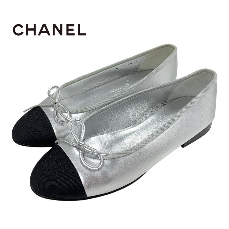 Chanel Flat Shoes Leather Fabric Silver Black Ballet Shoes Ballerina Coco Mark