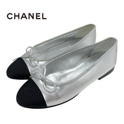 Chanel Flat Shoes Leather Fabric Silver Black Ballet Shoes Ballerina Coco Mark