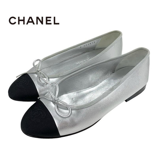 Chanel Flat Shoes Leather Fabric Silver Black Ballet Shoes Ballerina Coco Mark