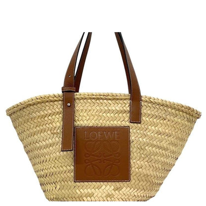 Loewe Basket Bag Medium Anagram 327.02 Raffia Palm Leaf Calfskin Natural Tan