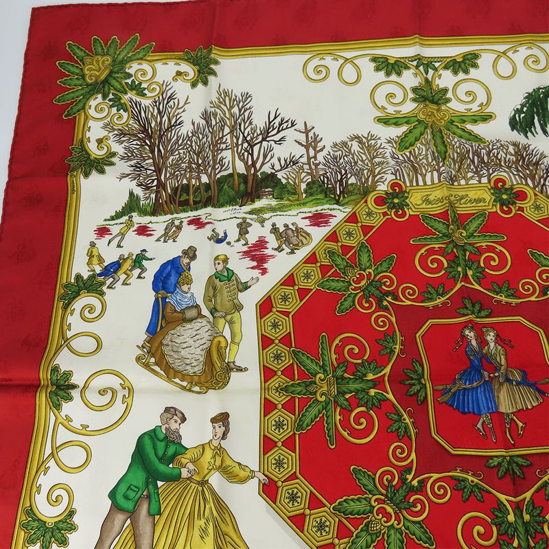 Hermes Scarf Carré 90 Joies D'hiver Winter Pleasures Silk Red Ivory Gold Large