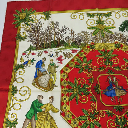 Hermes Scarf Carré 90 Joies D'hiver Winter Pleasures Silk Red Ivory Gold Large