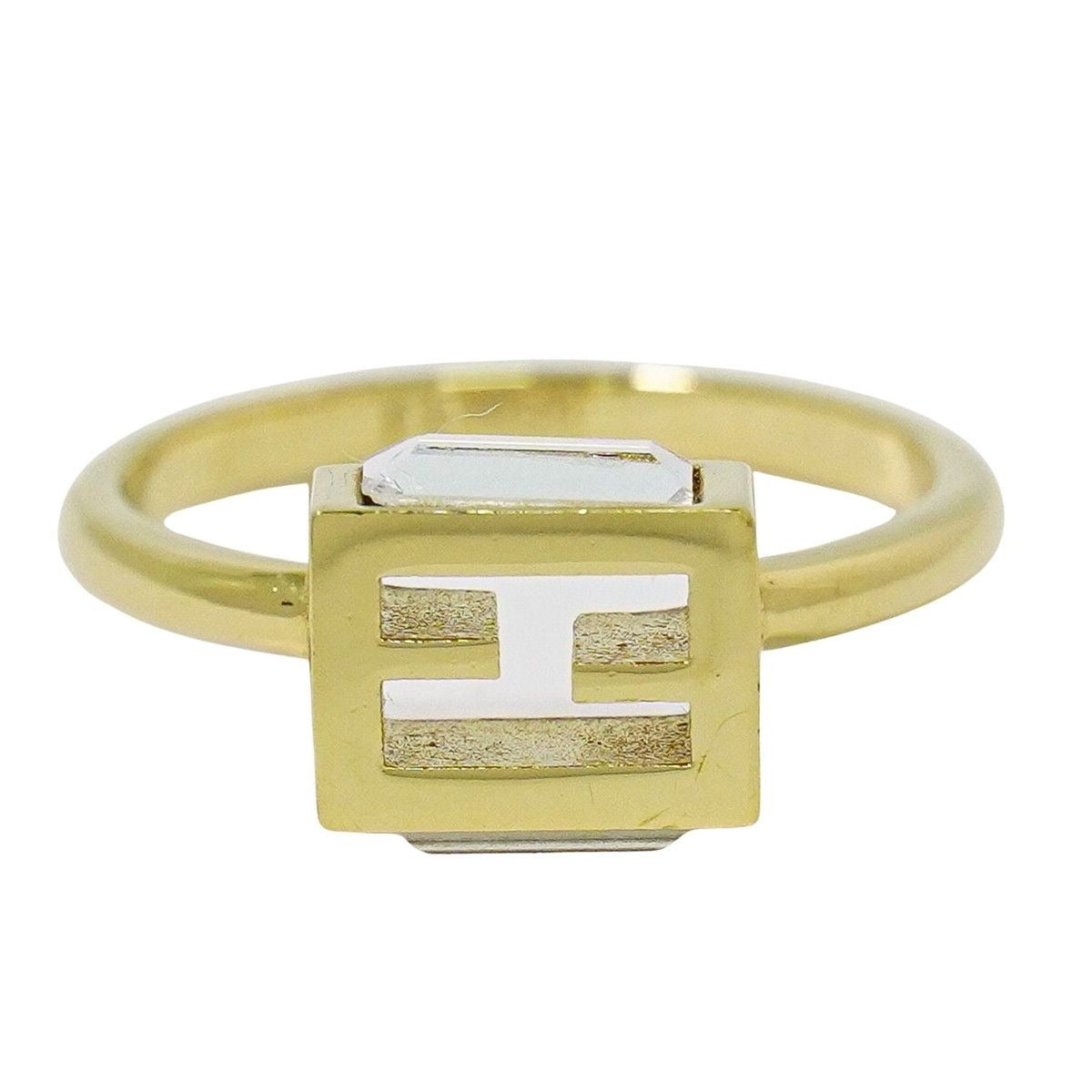 Fendi FF Logo Crystal Stone Ring Gold Plated