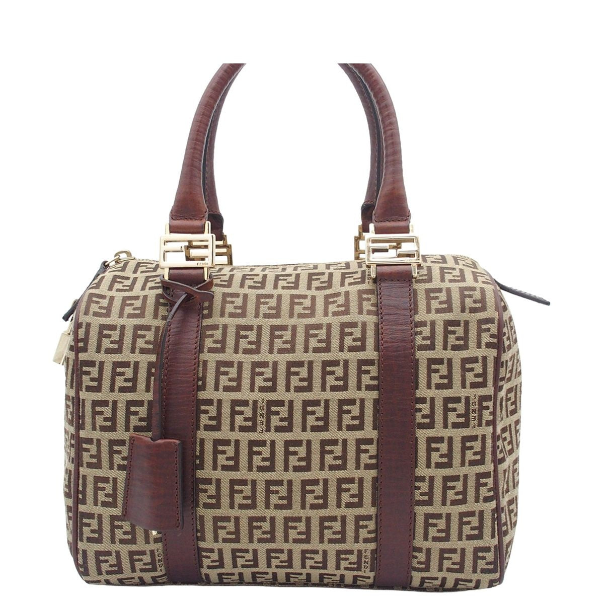 Fendi Beige Brown Canvas Leather Zucchino Pattern Mini Boston Bag