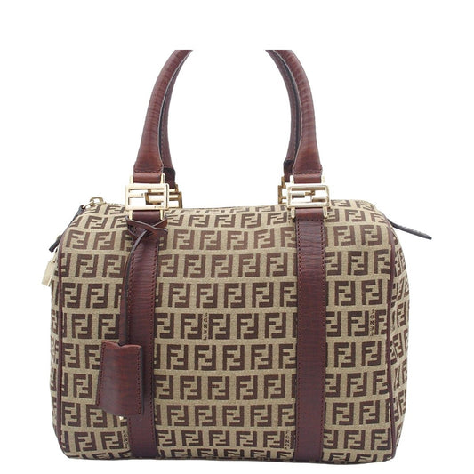 Fendi Beige Brown Canvas Leather Zucchino Pattern Mini Boston Bag