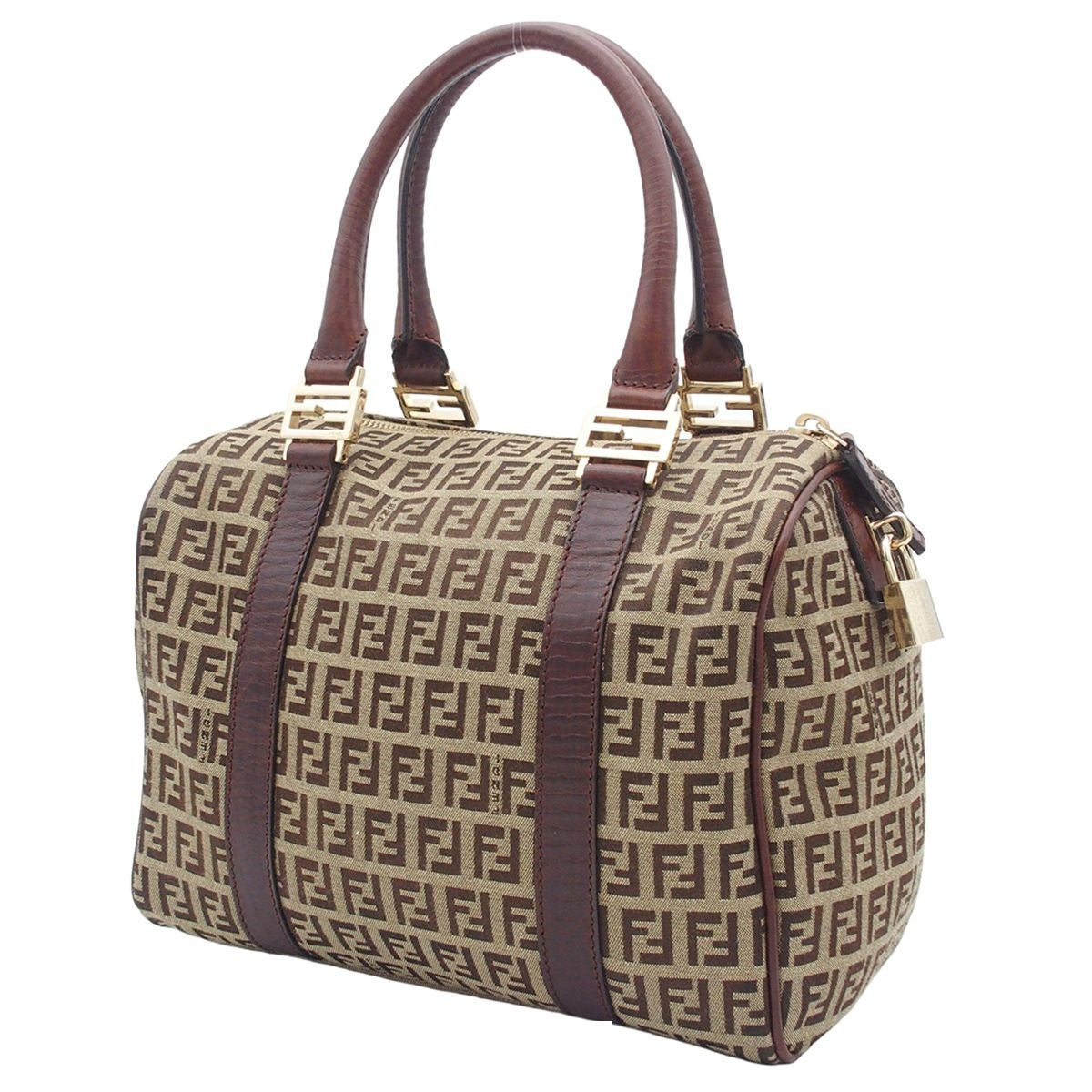 Fendi Beige Brown Canvas Leather Zucchino Pattern Mini Boston Bag — view 2