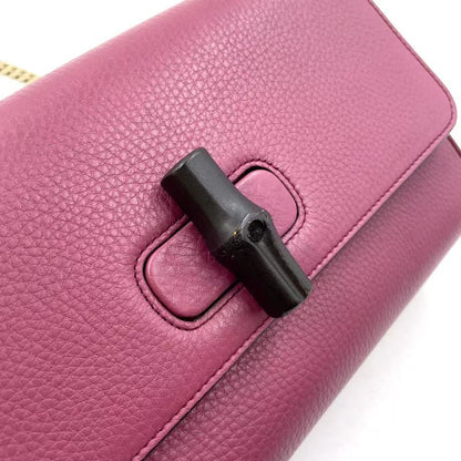 Gucci Bamboo Chain Leather Pink Purple Shoulder Bag Gold 387611