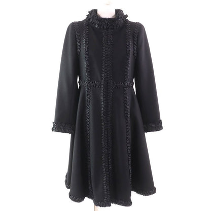 CHANEL 08A P33334 Wool Cashmere Mix Ribbon Embellished Zip Up Coat With Coco