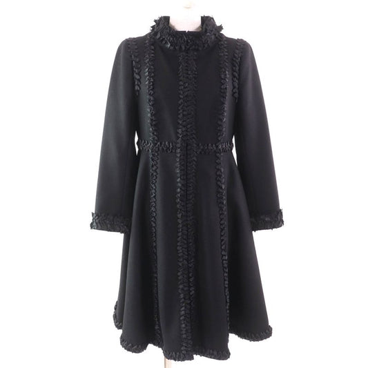 CHANEL 08A P33334 Wool Cashmere Mix Ribbon Embellished Zip Up Coat With Coco