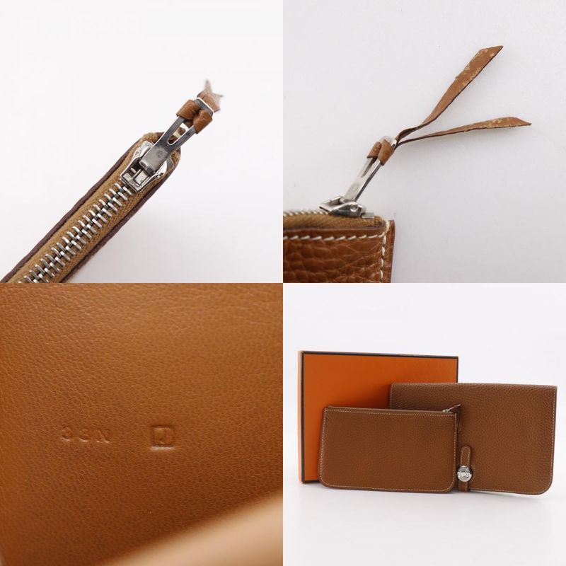 Hermes Dogon GM Taurillon Clemence Gold Brown □J Unisex Long Wallet