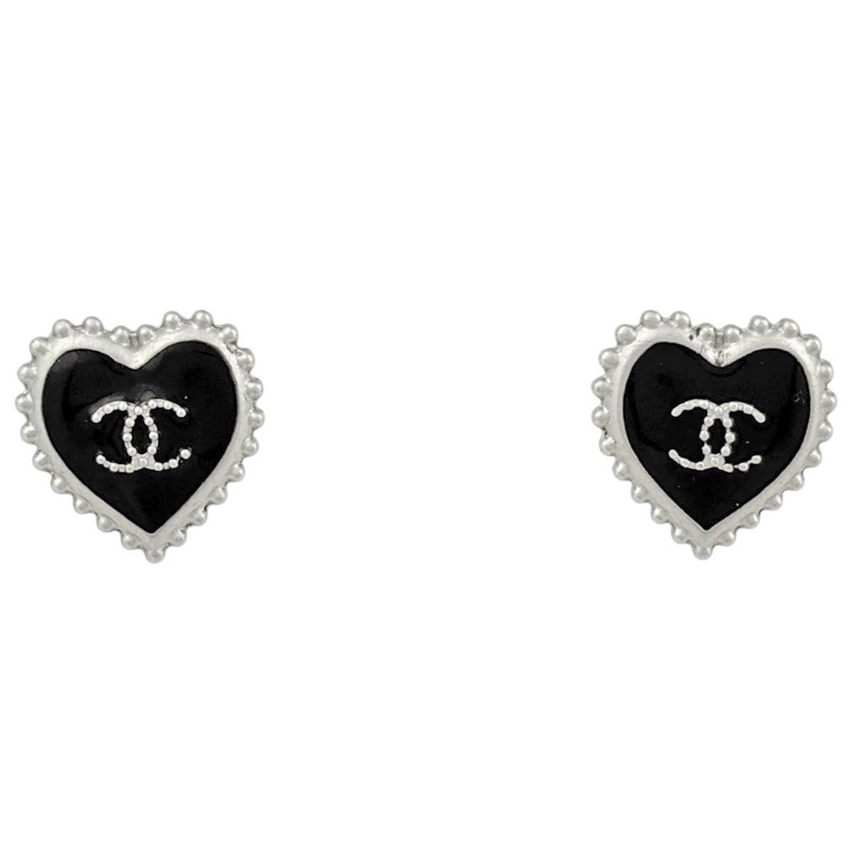 Chanel CC Logo Heart Earrings Silver Plated Black