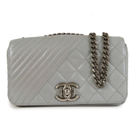 Chanel Coco Boy Flap Gray Silver Leather Chain Shoulder Bag