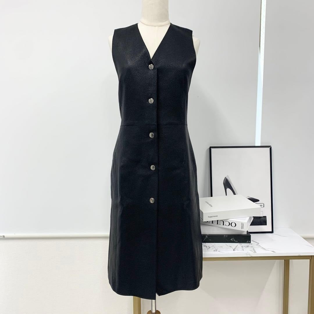 Hermes Long Vest Gilet Serie Button Leather Sleeveless Black