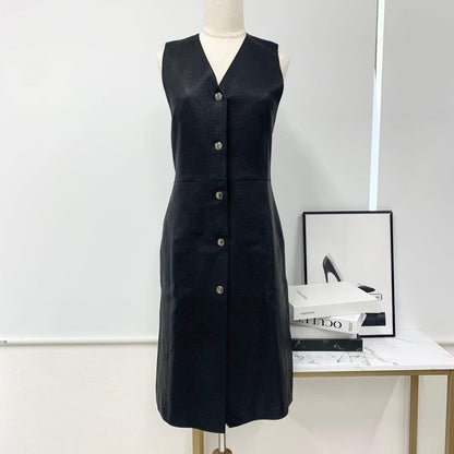 Hermes Long Vest Gilet Serie Button Leather Sleeveless Black