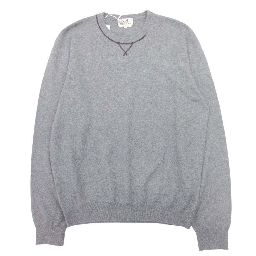 Hermes Cashmere Knit Leather Trim Sweater Pullover Crew Neck Long Sleeve Top XL