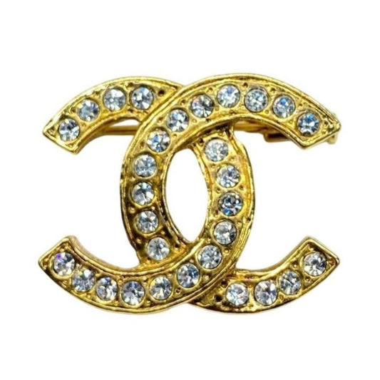 Chanel Brooch CC Vintage Gold Pin Rhinestone Crystal