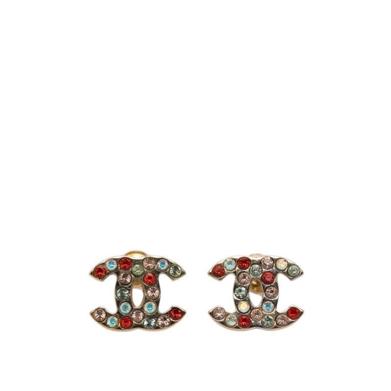 Chanel CC Logo Stud Earrings Gold Multicolor Plated Line Stone