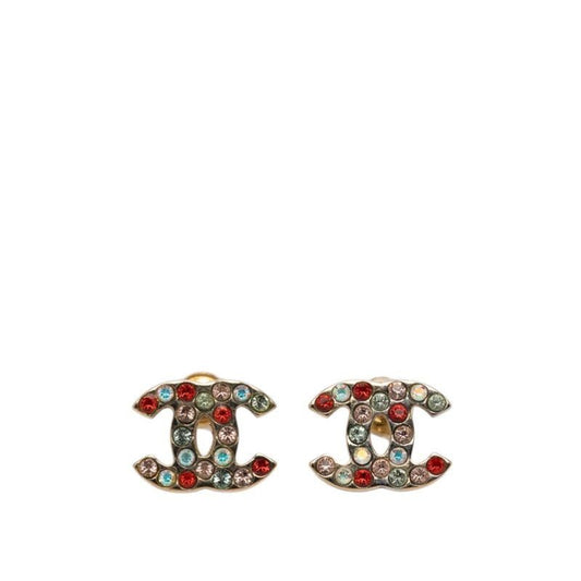 Chanel CC Logo Stud Earrings Gold Multicolor Plated Line Stone