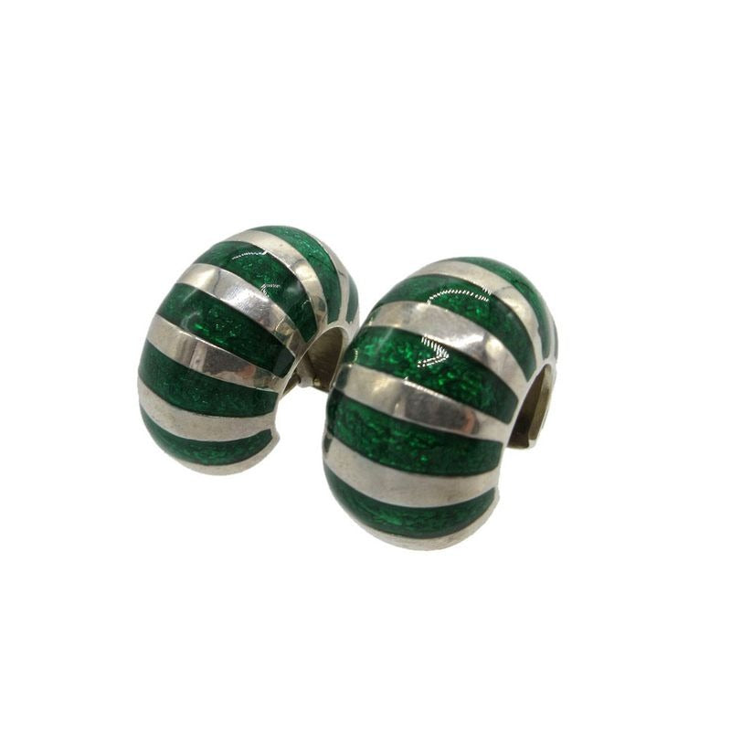 Tiffany & Co Hoop Stripe Earrings 925 Silver Green 0999