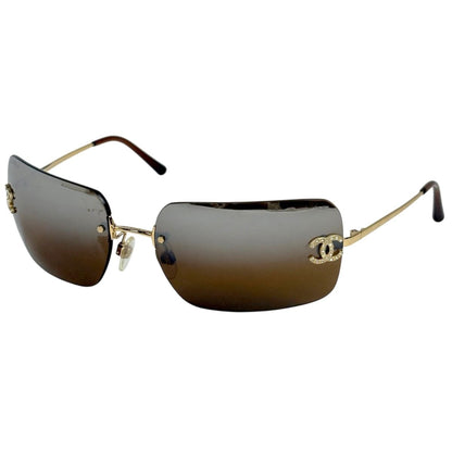 Chanel CC Logo Rhinestone Sunglasses Rimless Metal Gold Brown Eyewear