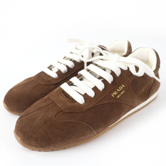 Prada 1 E152 O Logo Lace Up Suede Leather Low Cut Sneakers Brown 38
