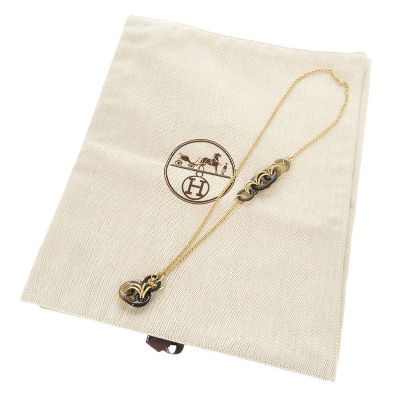 Hermes Ulidis Buffalo Horn Metal Brown Gold Necklace 0375 Hermes