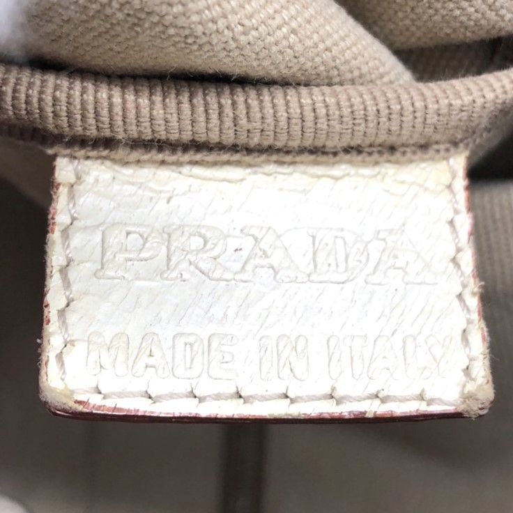 Prada Canvas Tote Bag Handbag Triangle Logo Leather Ivory Beige White Ladies
