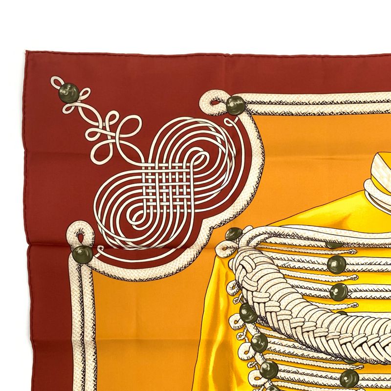 Grade Hermes Carre 90 Brandebourgs Brandenburg Decor Red And Yellow Scarf Silk