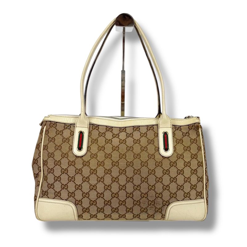 Gucci Tote Bag Brown Beige Ivory GG Canvas Sherry Line Ribbon