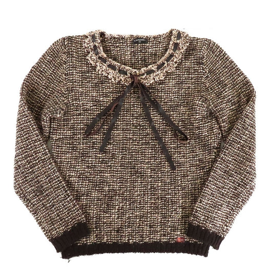 Chanel Ruffle Color Knit Brown Wool Camel Hair Spandex Top Sweater