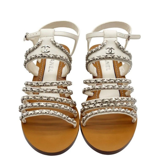 Chanel Sandals CC Logo White Leather Wood Strap Chain Silver