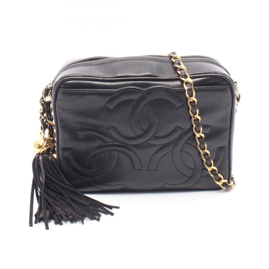 Chanel Shoulder Bag Triple CC Logo Black Lambskin Coco Fringe Mini