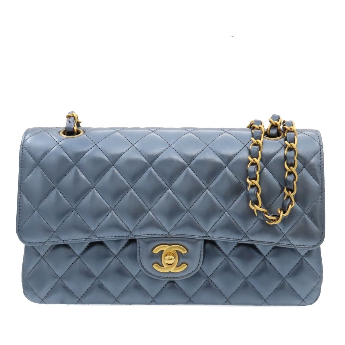 Chanel Shoulder Bag Metallic Blue Gold Calfskin Quilted 25 Double Flap Chain