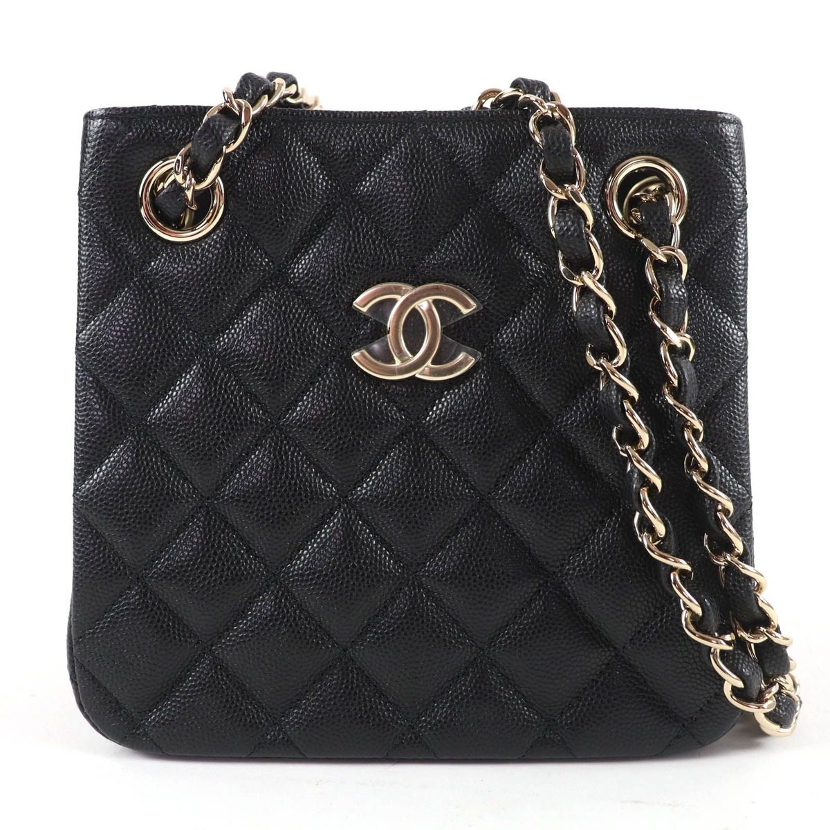 Chanel Caviar Leather Quilted CC Logo Mini Bucket Chain Shoulder Bag Black Gold
