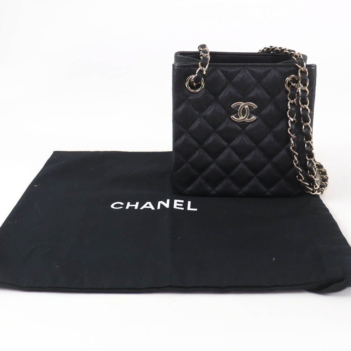 Chanel Caviar Leather Quilted CC Logo Mini Bucket Chain Shoulder Bag Black Gold — view 2