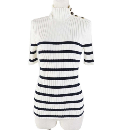 Christian Dior 114 S48 Am725 100% Cotton Logo Button Striped High Neck Short