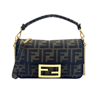 Fendi FF Monogram Pattern 2-Way Chain Shoulder Canvas Beige Handbag Gold