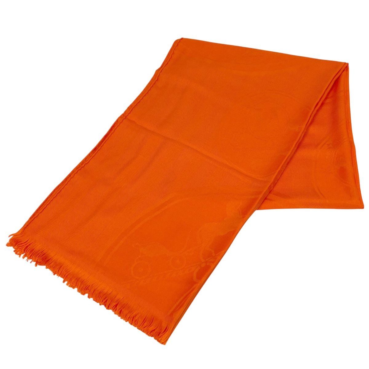 Hermes Logo Shawl Fringe Cashmere Silk Orange Scarf
