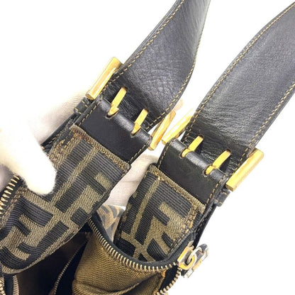 Fendi Zucca Leather And Canvas Brown And Black Shoulder Bag Gold