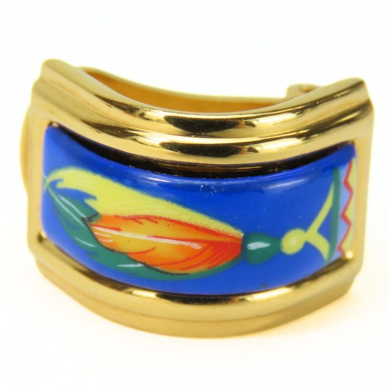 Hermes Earring Emile Feather Pattern Metal Cloisonne Blue Multicolor Plated