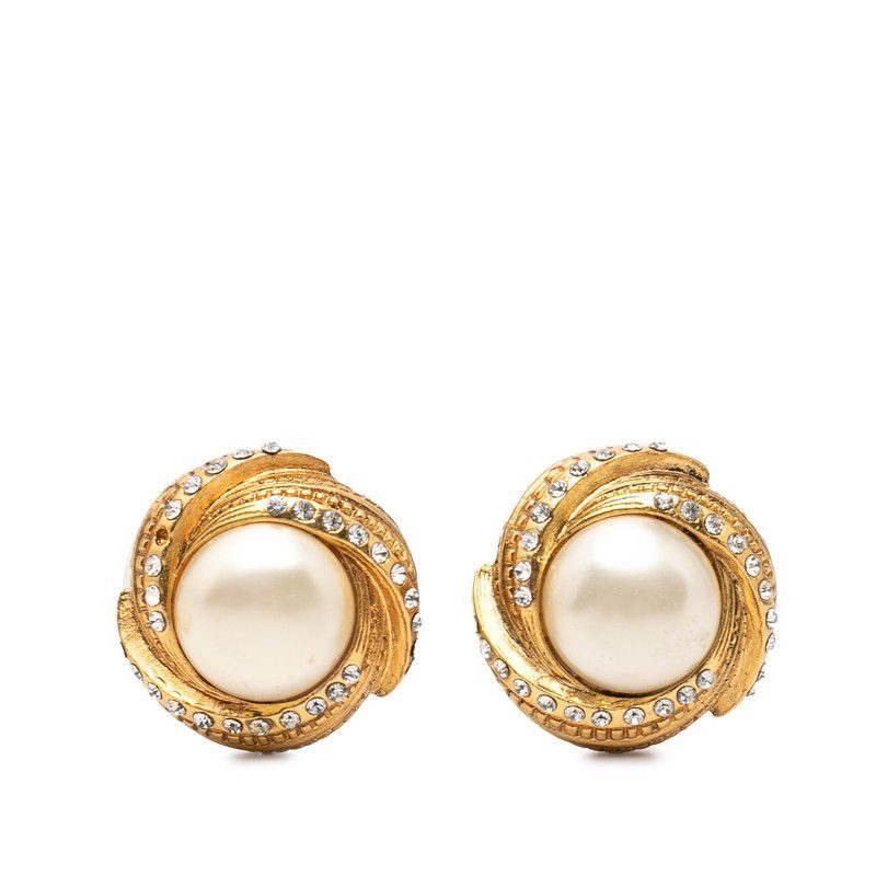 Chanel Earrings Gold Plated Faux Pearl Line Stone