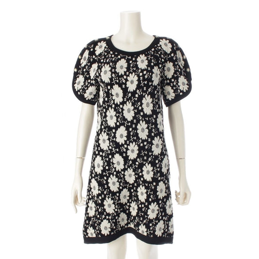 Chanel Cotton Rayon Flower Embroidery Knit Dress Black White 34