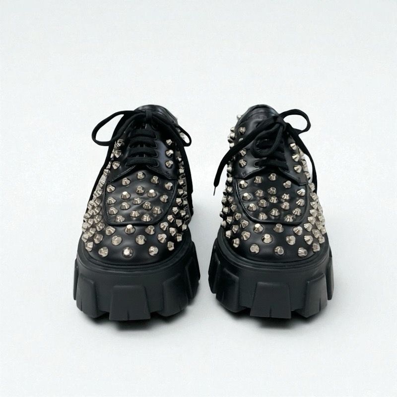 Prada Monolith Loafers Leather Shoes Leather Black Silver Studded Lace Up Shoes