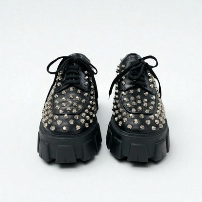 Prada Monolith Loafers Leather Shoes Leather Black Silver Studded Lace Up Shoes